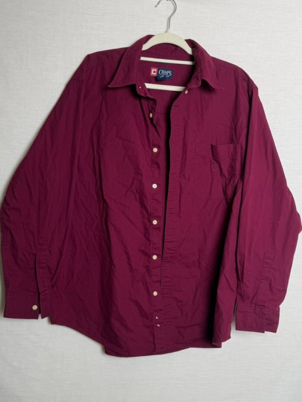 Chaps Mens L Burgundy Button Down Shirt Long Sleeve Cotton Blend Pocket Easy Car